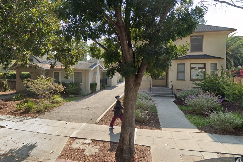 a person walking down a sidewalk next to a tree